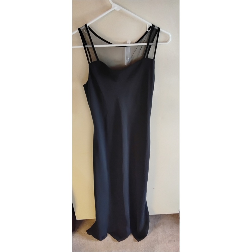 Black Mesh Illusion Neckline Maxi Dress Double Strap Formal Evening Gown